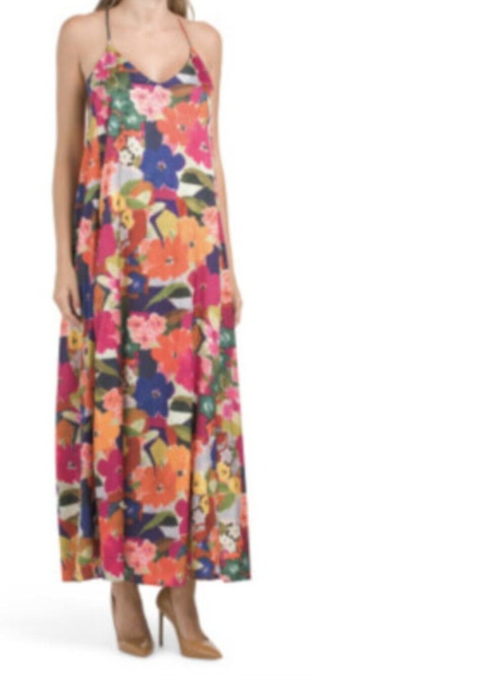 Nicole Miller Abstract Floral Print Slip on Satin Maxi Dress Size M